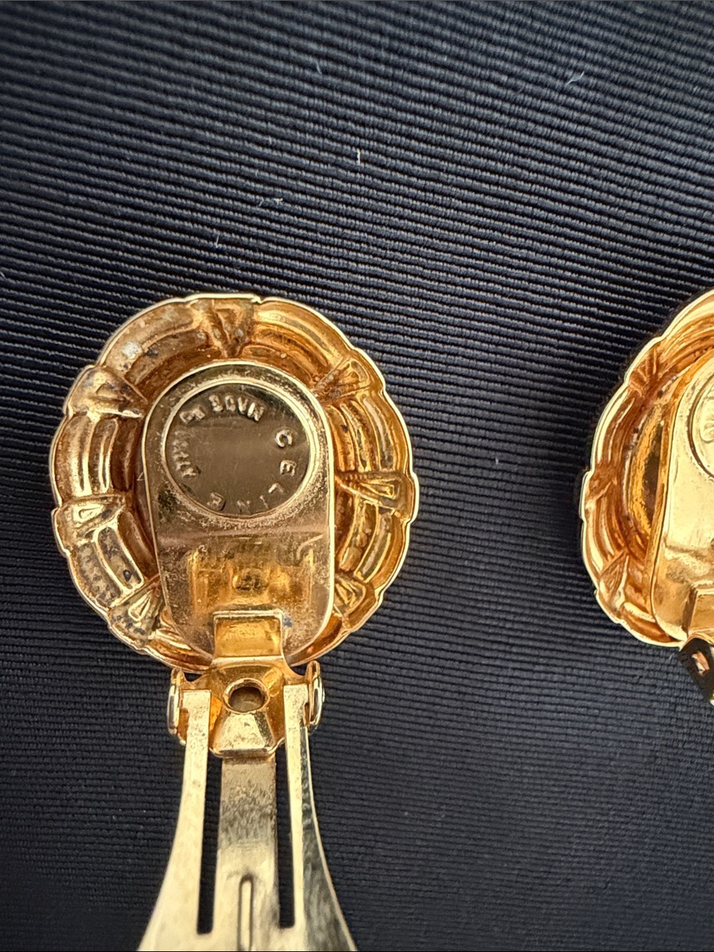 Celine Gold Plated Two Tone Embossed Medallion Clip Earrings - Picture 5 of 6